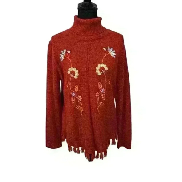 Denim Moves Womens Med Red Sweater Turtle Neck Floral Embroidery Fringe Hem - Picture 3 of 11